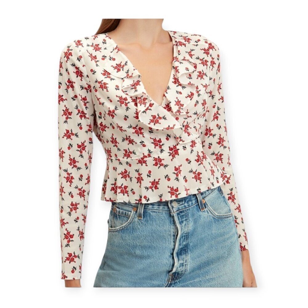 INTERMIX Evonne Silk Ruffle Floral Blouse White Red Long Sleeve Size 4